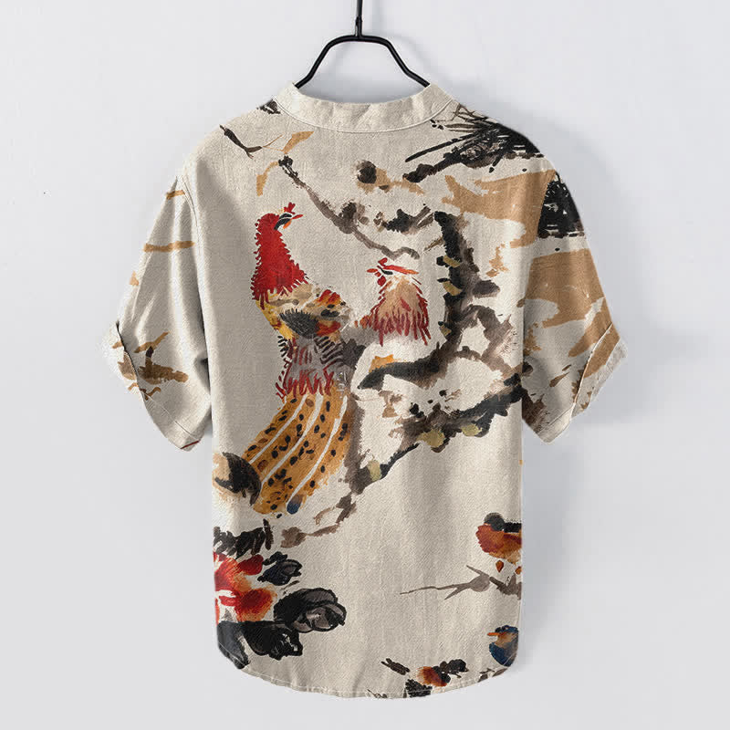 Buddha Stones Camisa de manga corta con medio botón para hombre, con estampado floral de gallo de algodón. - image 1