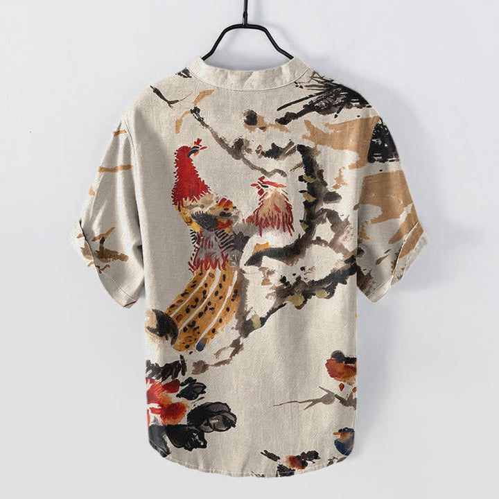 Buddha Stones Camisa de manga corta con medio botón para hombre, con estampado floral de gallo de algodón. - image 1