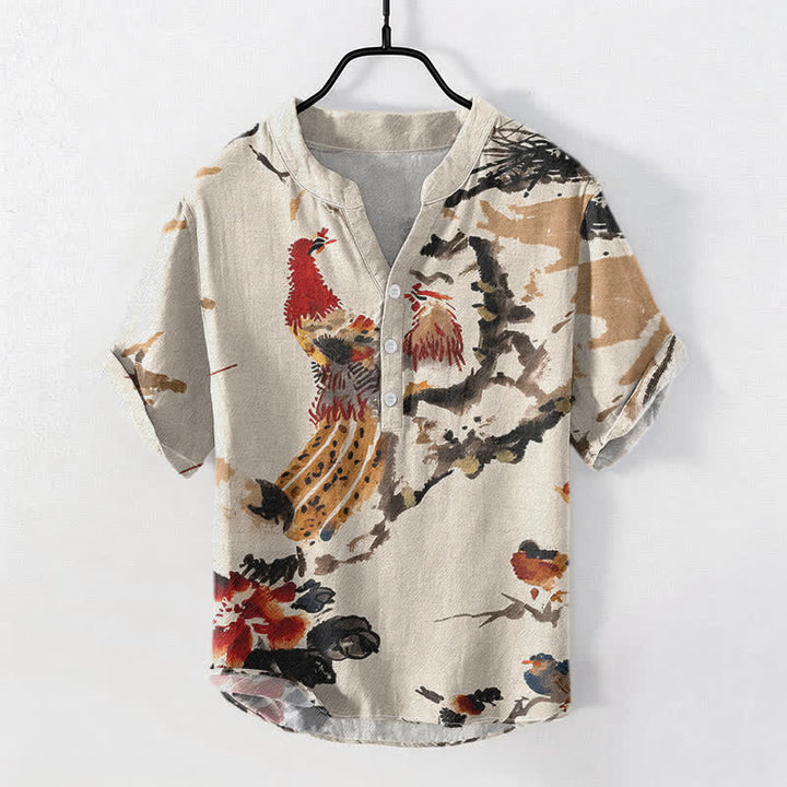 Buddha Stones Camisa de manga corta con medio botón para hombre, con estampado floral de gallo de algodón. - Lino - US/UK/AU50, EU60 (5XL) - image 0