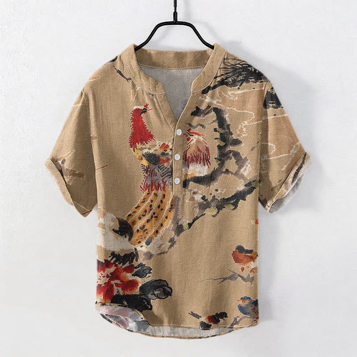 Buddha Stones Camisa de manga corta con medio botón para hombre, con estampado floral de gallo de algodón. - Broncearse - US/UK/AU50, EU60 (5XL) - image 3