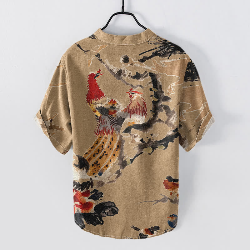 Buddha Stones Camisa de manga corta con medio botón para hombre, con estampado floral de gallo de algodón. - image 4