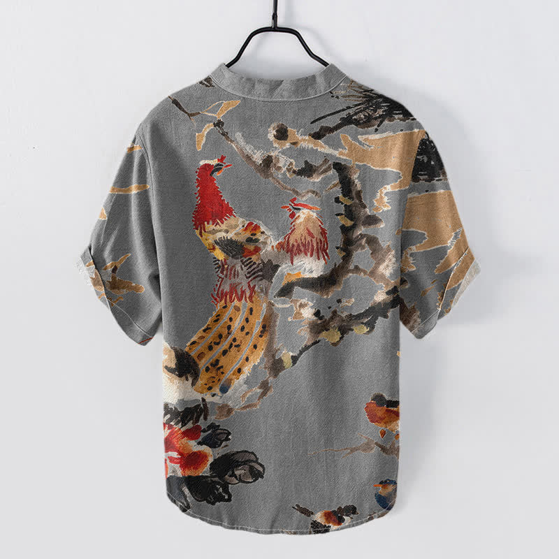 Buddha Stones Camisa de manga corta con medio botón para hombre, con estampado floral de gallo de algodón. - image 6