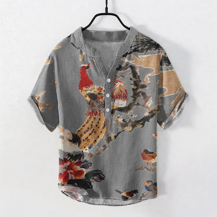 Buddha Stones Camisa de manga corta con medio botón para hombre, con estampado floral de gallo de algodón. - Gris oscuro - US/UK/AU50, EU60 (5XL) - image 5