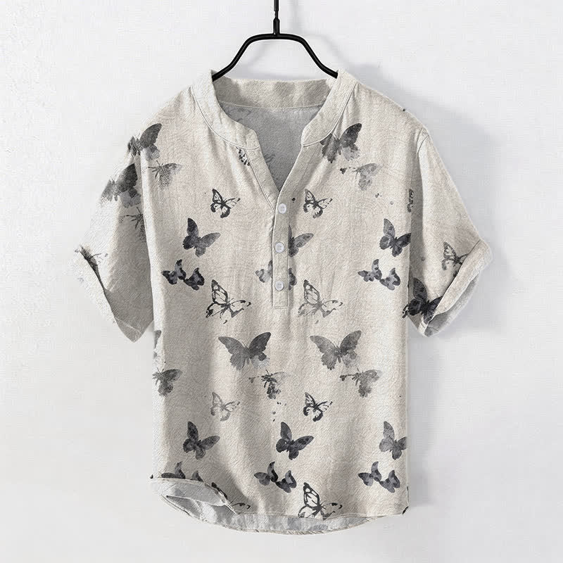 Buddha Stones Camisa de manga corta con medio botón y estampado de mariposas de algodón para hombre - Lino - US/UK/AU50, EU60 (5XL) - image 2