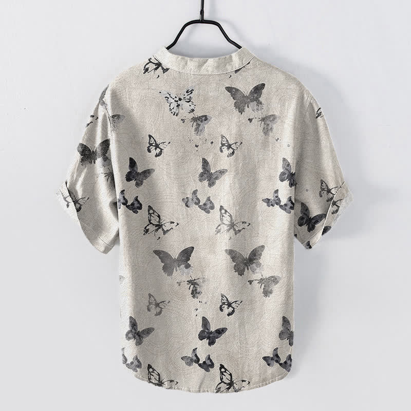 Buddha Stones Camisa de manga corta con medio botón y estampado de mariposas de algodón para hombre - image 3