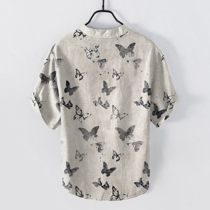 Buddha Stones Camisa de manga corta con medio botón y estampado de mariposas de algodón para hombre - image 3