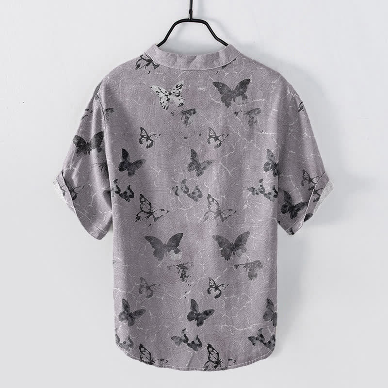 Buddha Stones Camisa de manga corta con medio botón y estampado de mariposas de algodón para hombre - image 1