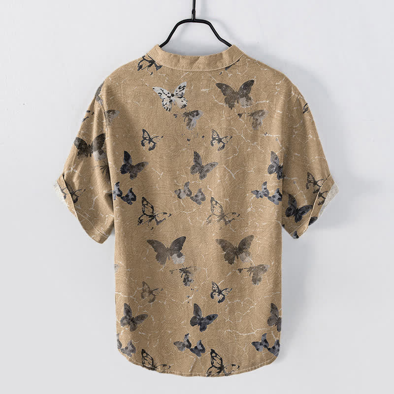 Buddha Stones Camisa de manga corta con medio botón y estampado de mariposas de algodón para hombre - image 6