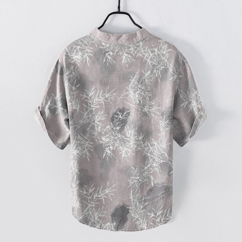 Buddha Stones Camisa de manga corta con medio botón y estampado de hojas de bambú de algodón para hombre - image 1