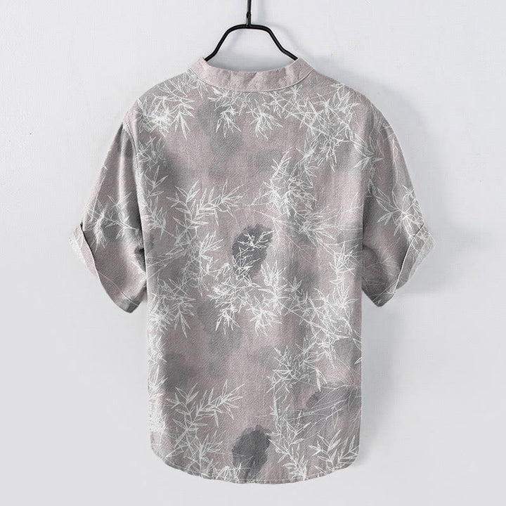 Buddha Stones Camisa de manga corta con medio botón y estampado de hojas de bambú de algodón para hombre - image 1
