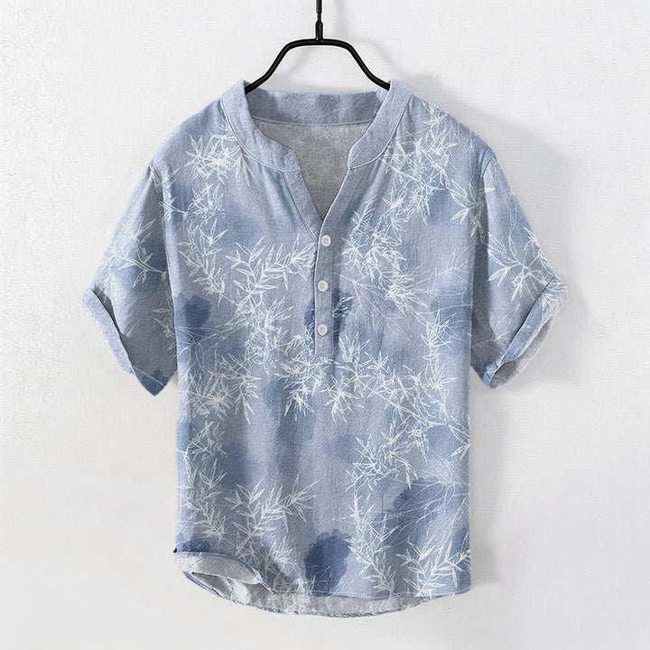 Buddha Stones Camisa de manga corta con medio botón y estampado de hojas de bambú de algodón para hombre - Azul acero claro - US/UK/AU50, EU60 (5XL) - image 3