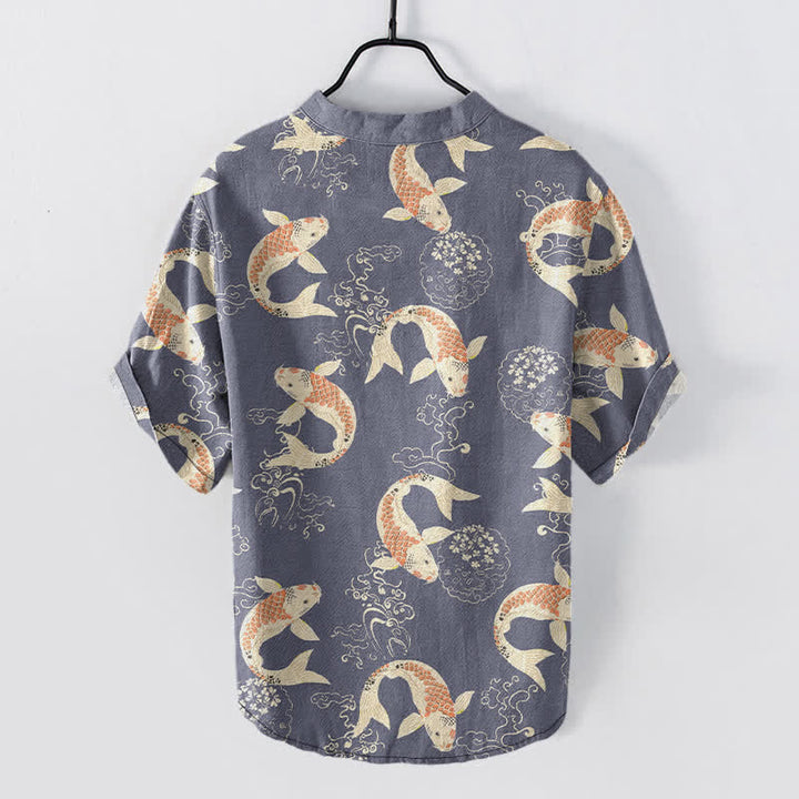 Buddha Stones Camisa de manga corta con medio botón y estampado de ondas de peces koi para hombre, de algodón. - image 6