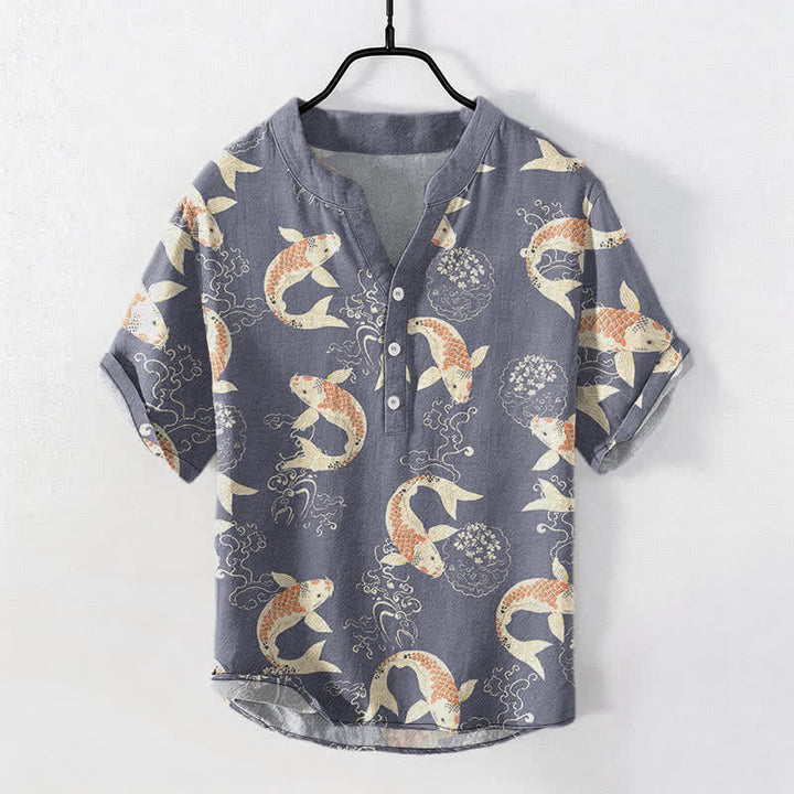 Buddha Stones Camisa de manga corta con medio botón y estampado de ondas de peces koi para hombre, de algodón. - Gris pizarra - US/UK/AU50, EU60 (5XL) - image 5