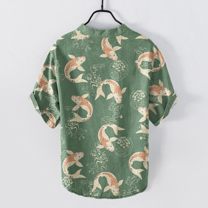 Buddha Stones Camisa de manga corta con medio botón y estampado de ondas de peces koi para hombre, de algodón. - image 8