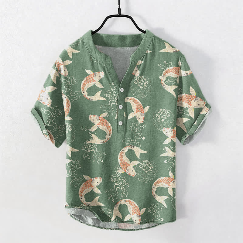 Buddha Stones Camisa de manga corta con medio botón y estampado de ondas de peces koi para hombre, de algodón. - Verde mar medio - US/UK/AU50, EU60 (5XL) - image 7