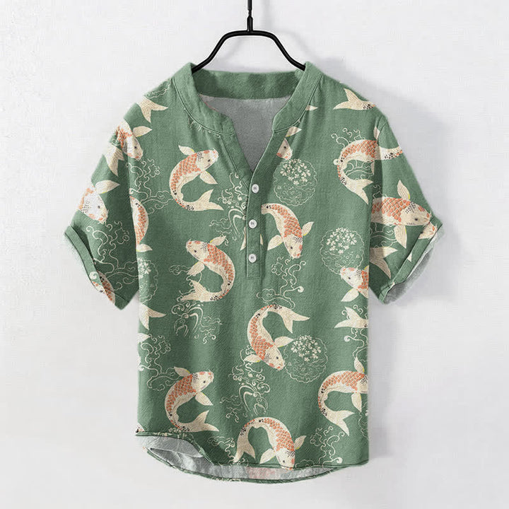 Buddha Stones Camisa de manga corta con medio botón y estampado de ondas de peces koi para hombre, de algodón. - Verde mar medio - US/UK/AU50, EU60 (5XL) - image 7