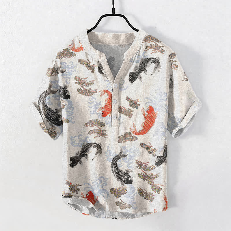 Buddha Stones Camisa de manga corta con medio botón para hombre, de algodón, con estampado de olas de agua y peces koi. - Lino - US/UK/AU50, EU60 (5XL) - image 0