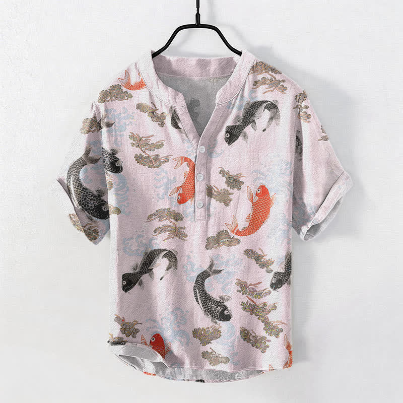 Buddha Stones Camisa de manga corta con medio botón para hombre, de algodón, con estampado de olas de agua y peces koi. - Rubor lavanda - US/UK/AU50, EU60 (5XL) - image 5
