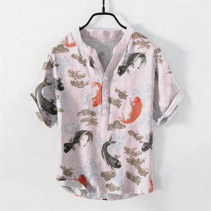 Buddha Stones Camisa de manga corta con medio botón para hombre, de algodón, con estampado de olas de agua y peces koi. - Rubor lavanda - US/UK/AU50, EU60 (5XL) - image 5