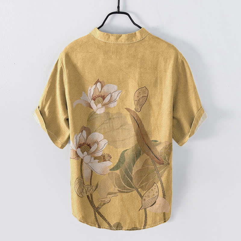 Buddha Stones Camisa de manga corta con medio botón para hombre, de algodón con estampado de loto pintado a mano. - image 1