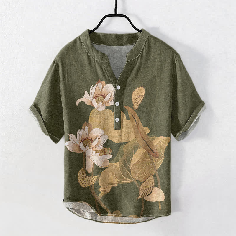 Buddha Stones Camisa de manga corta con medio botón para hombre, de algodón con estampado de loto pintado a mano. - Verde oliva oscuro - US/UK/AU50, EU60 (5XL) - image 3