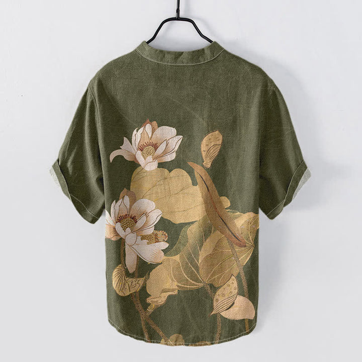 Buddha Stones Camisa de manga corta con medio botón para hombre, de algodón con estampado de loto pintado a mano. - image 4