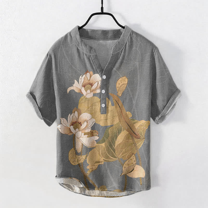 Buddha Stones Camisa de manga corta con medio botón para hombre, de algodón con estampado de loto pintado a mano. - Gris - US/UK/AU50, EU60 (5XL) - image 5