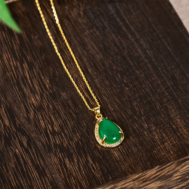 Buddha Stones Cadena de plata de ley 925, colgante retro de cobre con ágata verde en forma de lágrima, símbolo de buena suerte y riqueza. - image 4