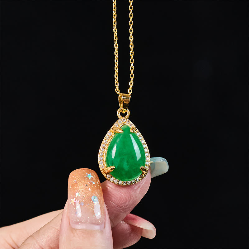 Buddha Stones Cadena de plata de ley 925, colgante retro de cobre con ágata verde en forma de lágrima, símbolo de buena suerte y riqueza. - image 3
