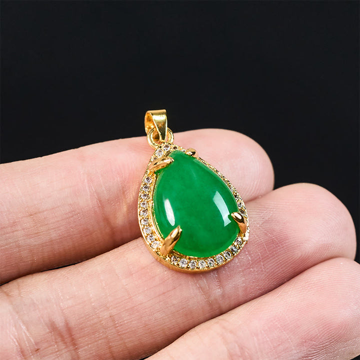 Buddha Stones Cadena de plata de ley 925, colgante retro de cobre con ágata verde en forma de lágrima, símbolo de buena suerte y riqueza. - image 5