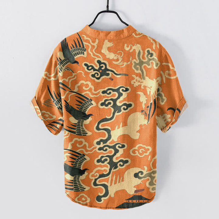 Buddha Stones Camisa de manga corta con medio botón para hombre, de algodón, con estampado de grullas y nubes. - image 1