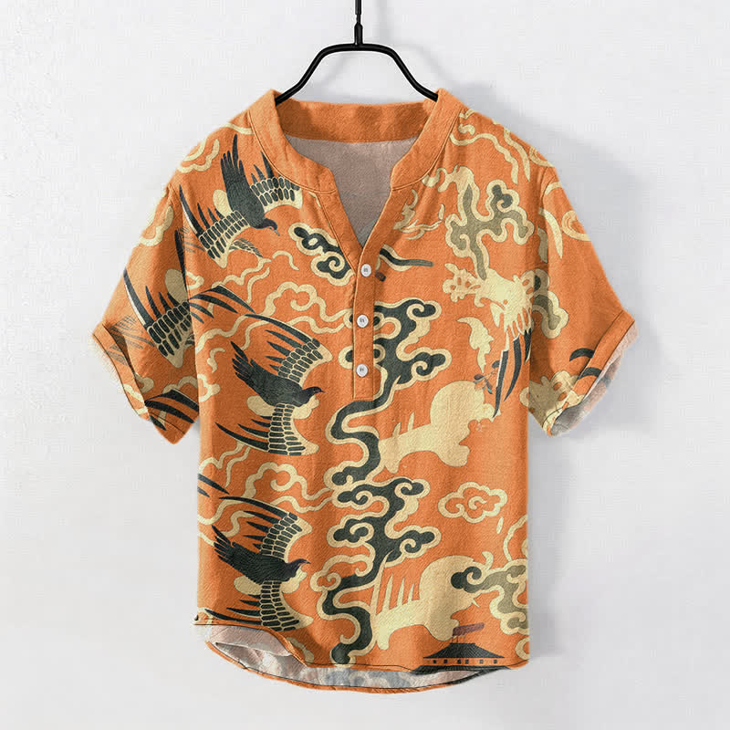 Buddha Stones Camisa de manga corta con medio botón para hombre, de algodón, con estampado de grullas y nubes. - Naranja oscuro - US/UK/AU50, EU60 (5XL) - image 0