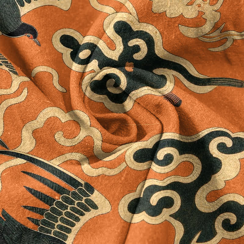 Buddha Stones Camisa de manga corta con medio botón para hombre, de algodón, con estampado de grullas y nubes. - image 4