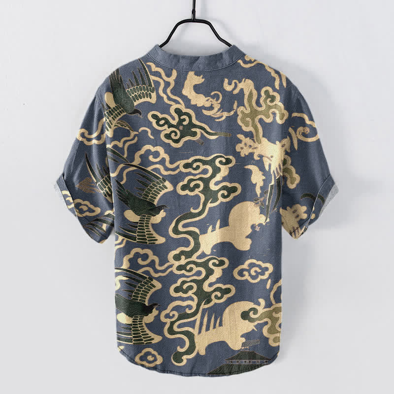 Buddha Stones Camisa de manga corta con medio botón para hombre, de algodón, con estampado de grullas y nubes. - image 6