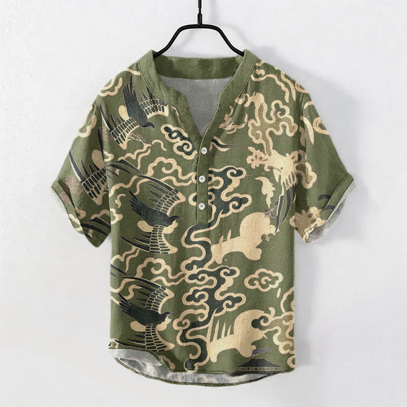 Buddha Stones Camisa de manga corta con medio botón para hombre, de algodón, con estampado de grullas y nubes. - Verde oliva - US/UK/AU50, EU60 (5XL) - image 7