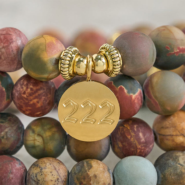 Buddha Stones Mala de cuentas de jaspe Picasso con número angelical 222 y número 108. - image 5