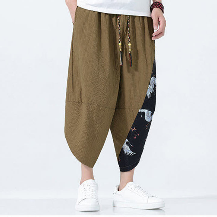 Buddha Stones Pantalones harem de verano para hombre con cordón ajustable, borla y estampado de grullas. - image 2