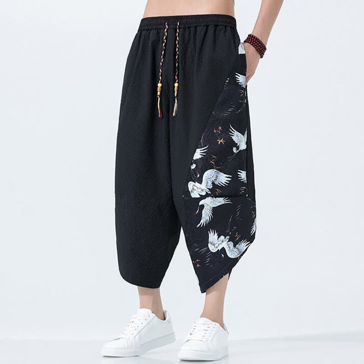 Buddha Stones Pantalones harem de verano para hombre con cordón ajustable, borla y estampado de grullas. - image 13