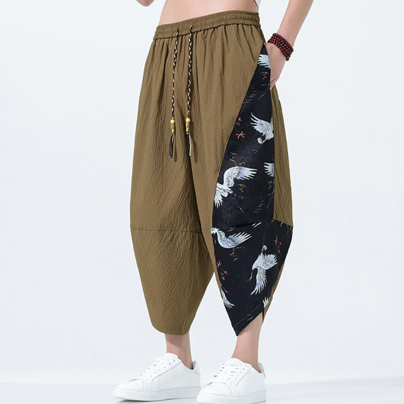 Buddha Stones Pantalones harem de verano para hombre con cordón ajustable, borla y estampado de grullas. - image 5
