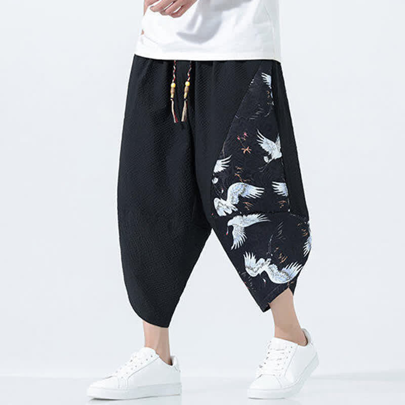 Buddha Stones Pantalones harem de verano para hombre con cordón ajustable, borla y estampado de grullas. - Negro - US/UK/AU46, EU56 (5XL) - image 8