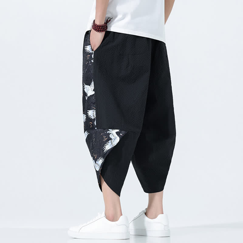 Buddha Stones Pantalones harem de verano para hombre con cordón ajustable, borla y estampado de grullas. - image 10