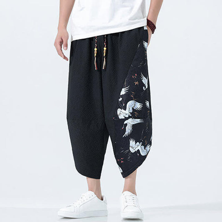 Buddha Stones Pantalones harem de verano para hombre con cordón ajustable, borla y estampado de grullas. - image 14