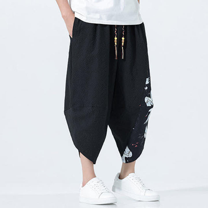 Buddha Stones Pantalones harem de verano para hombre con cordón ajustable, borla y estampado de grullas. - image 16