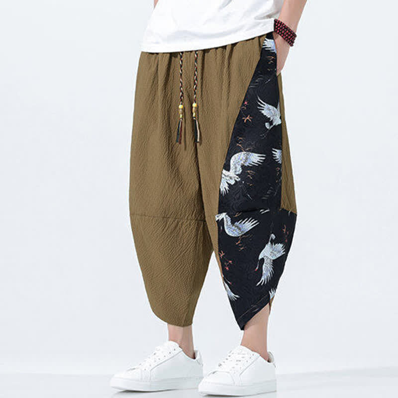 Buddha Stones Pantalones harem de verano para hombre con cordón ajustable, borla y estampado de grullas. - image 3