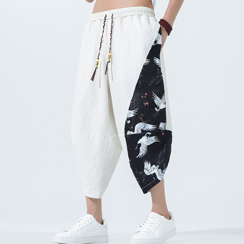 Buddha Stones Pantalones harem de verano para hombre con cordón ajustable, borla y estampado de grullas. - image 26