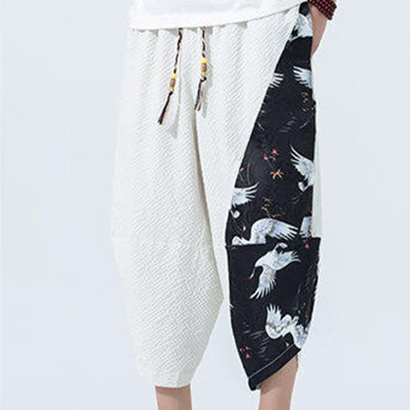 Buddha Stones Pantalones harem de verano para hombre con cordón ajustable, borla y estampado de grullas. - image 27