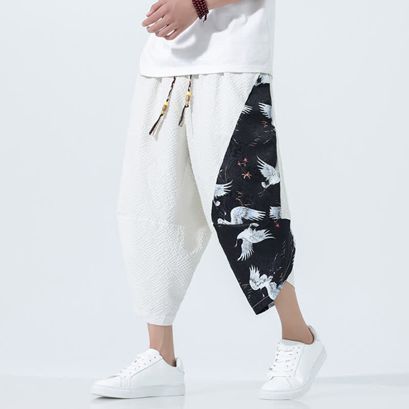Buddha Stones Pantalones harem de verano para hombre con cordón ajustable, borla y estampado de grullas. - Blanco - US/UK/AU46, EU56 (5XL) - image 21