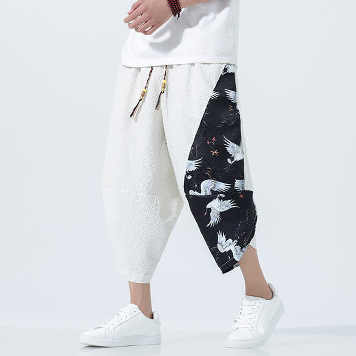 Buddha Stones Pantalones harem de verano para hombre con cordón ajustable, borla y estampado de grullas. - Blanco - US/UK/AU46, EU56 (5XL) - image 21