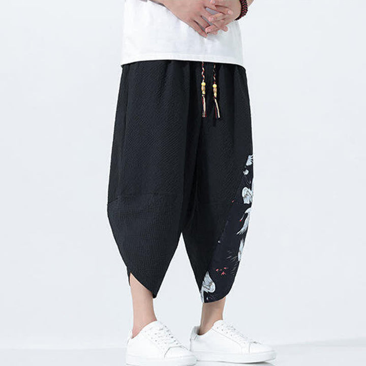 Buddha Stones Pantalones harem de verano para hombre con cordón ajustable, borla y estampado de grullas. - image 15