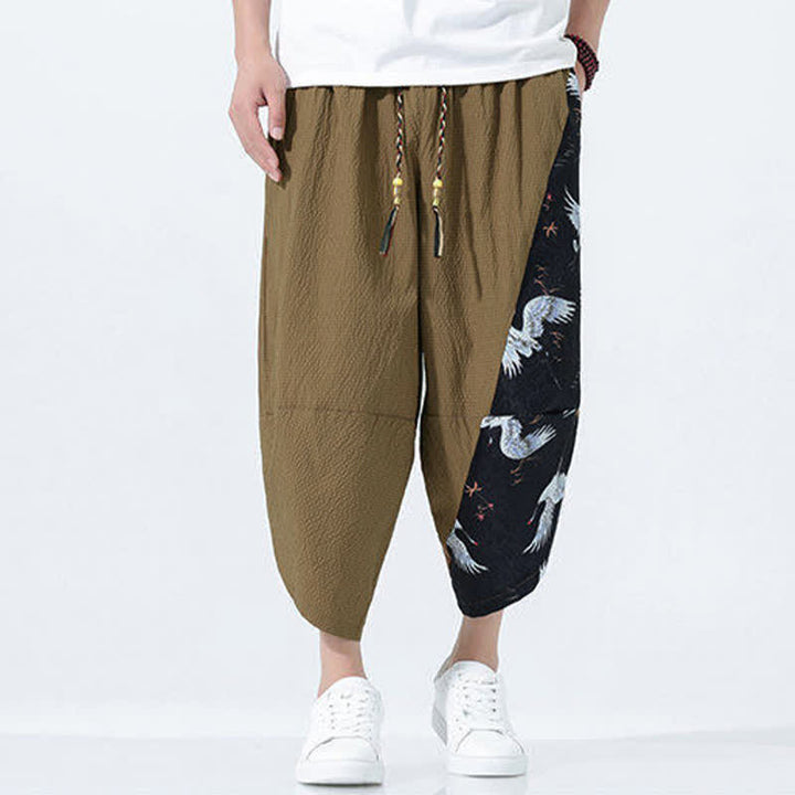 Buddha Stones Pantalones harem de verano para hombre con cordón ajustable, borla y estampado de grullas. - image 1